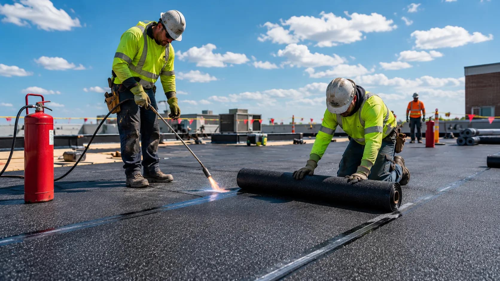 Modified bitumen roof installation methods — torch applied, hot mopped, cold adhesive, and peel and stick