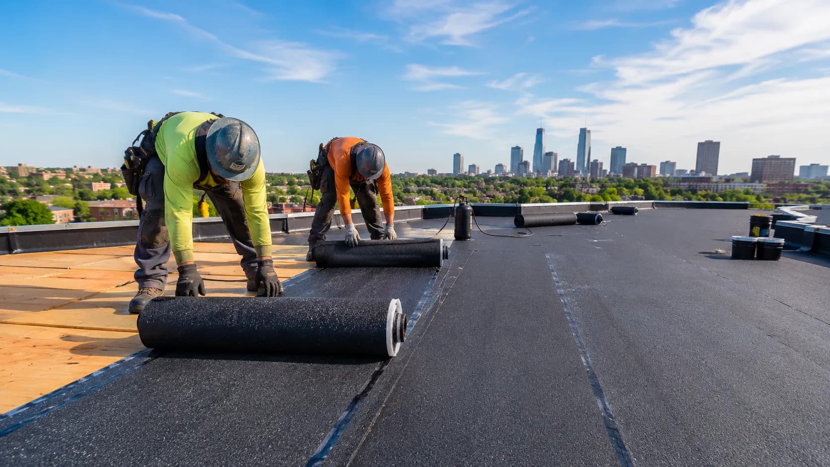 Modified bitumen roofing applied on a flat, low-slope commercial roof