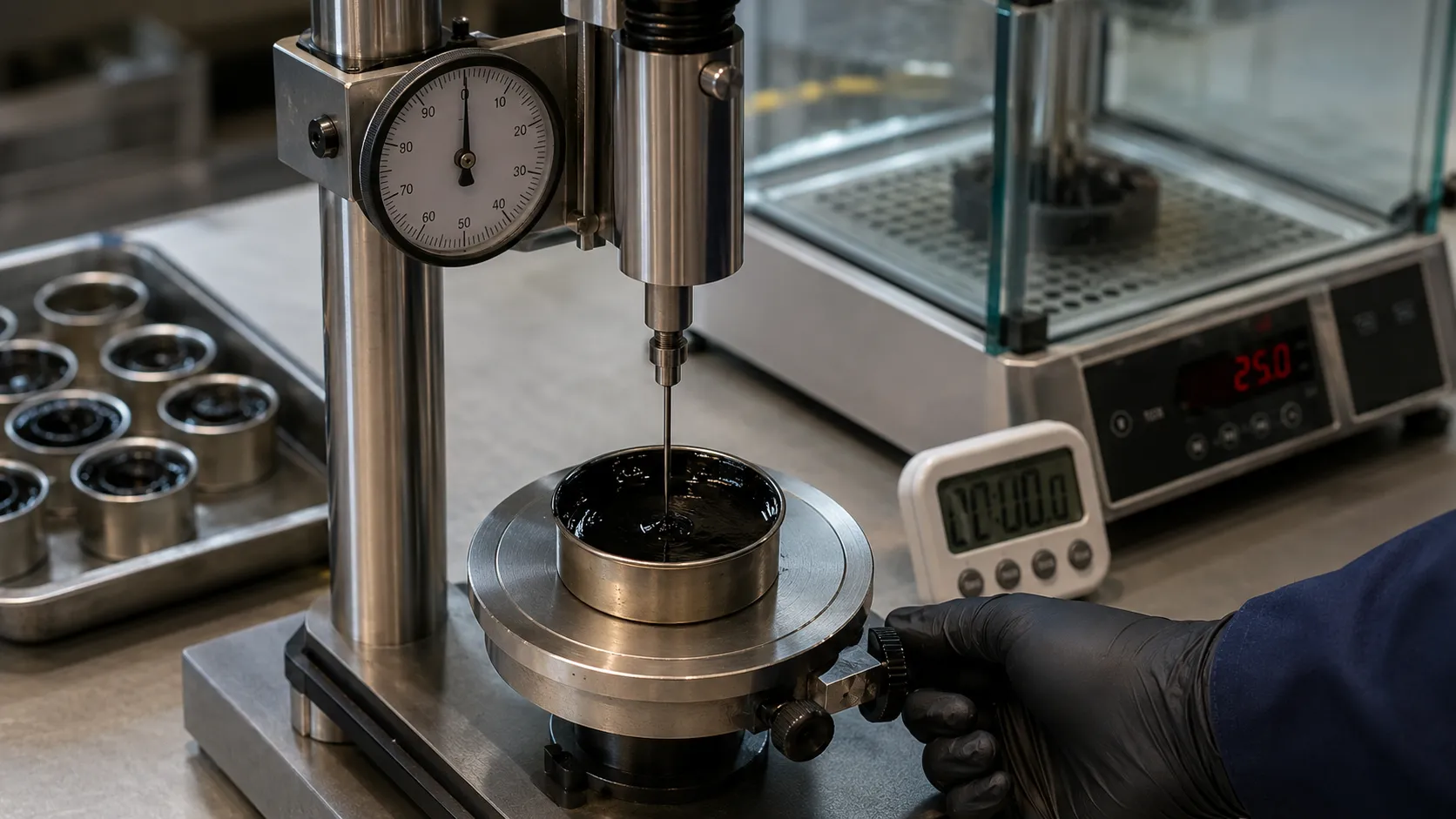 Penetration grade bitumen 60/70 needle test — measuring needle depth in tenths of a millimeter at 25°C