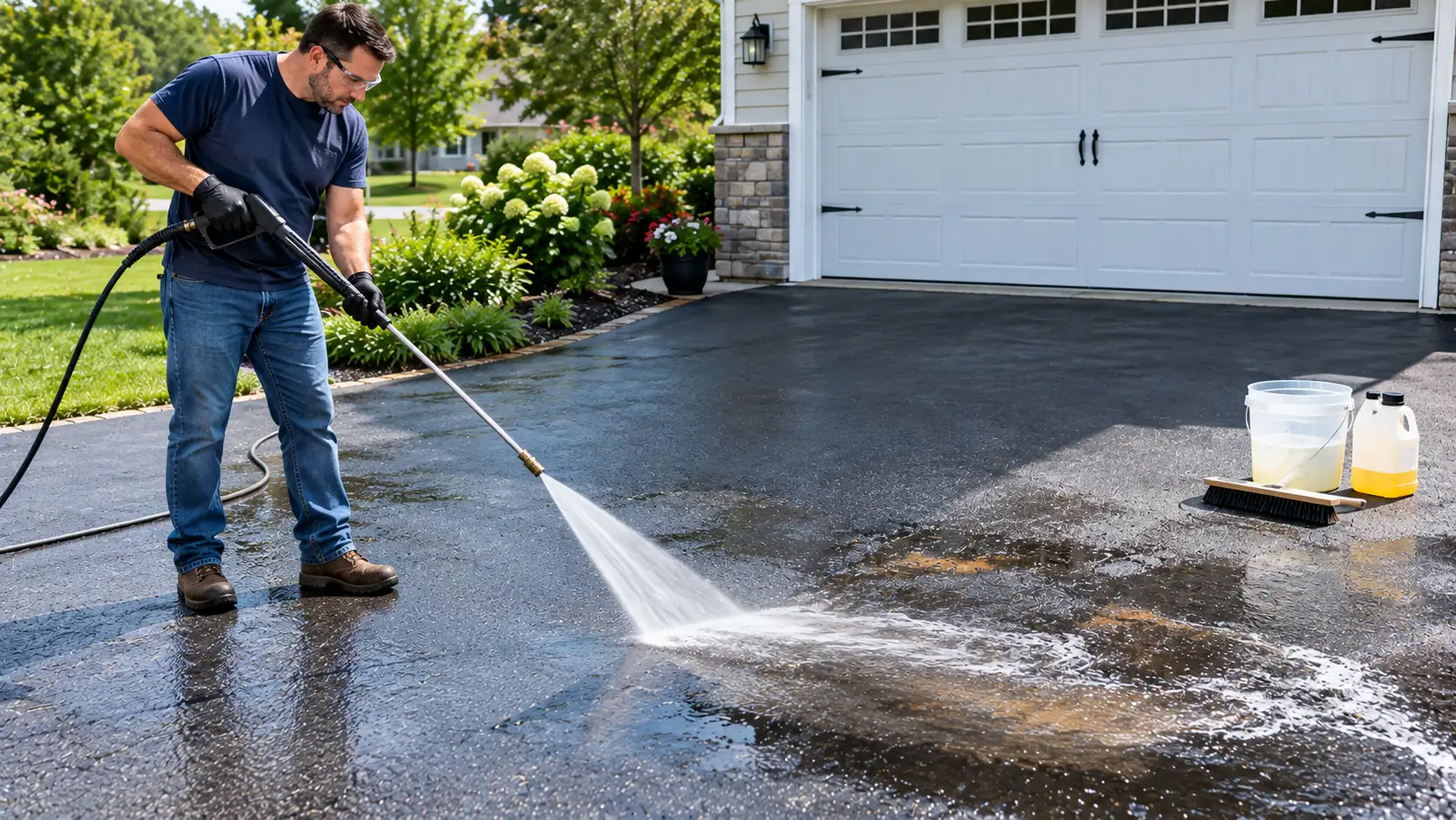Using a pressure washer with wide fan tip to clean pre-treated oil stain on asphalt
