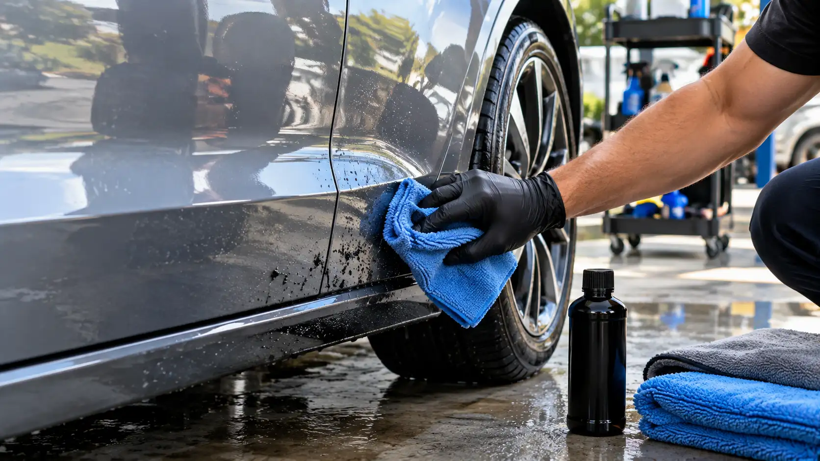 Removing bitumen tar spots from car paint finish using a dedicated tar remover and microfiber cloth
