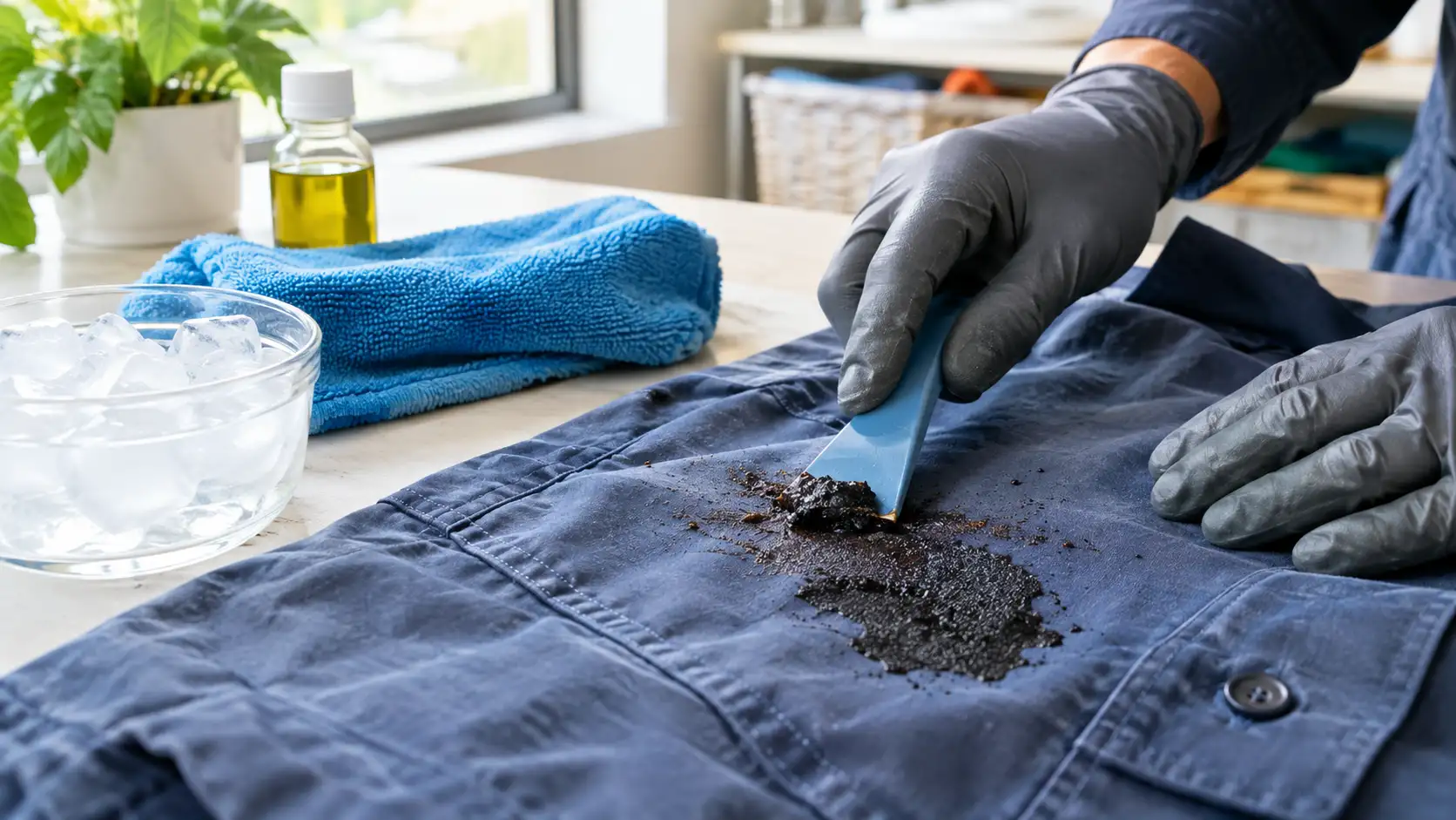 How to remove a bitumen stain from fabric and clothing using vegetable oil and stain remover
