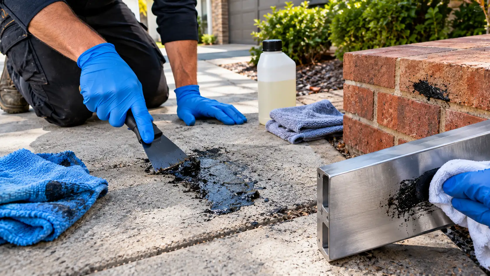 Removing bitumen from concrete driveway, brick wall, and bare metal using solvent and a scraper
