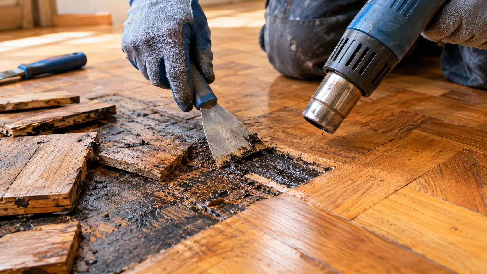 Removing thick bitumen adhesive from reclaimed wood parquet flooring blocks using a heat gun and flat scraper