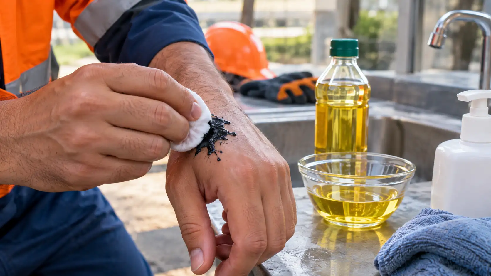 Removing cold dried bitumen from skin safely using vegetable oil — safe step by step method