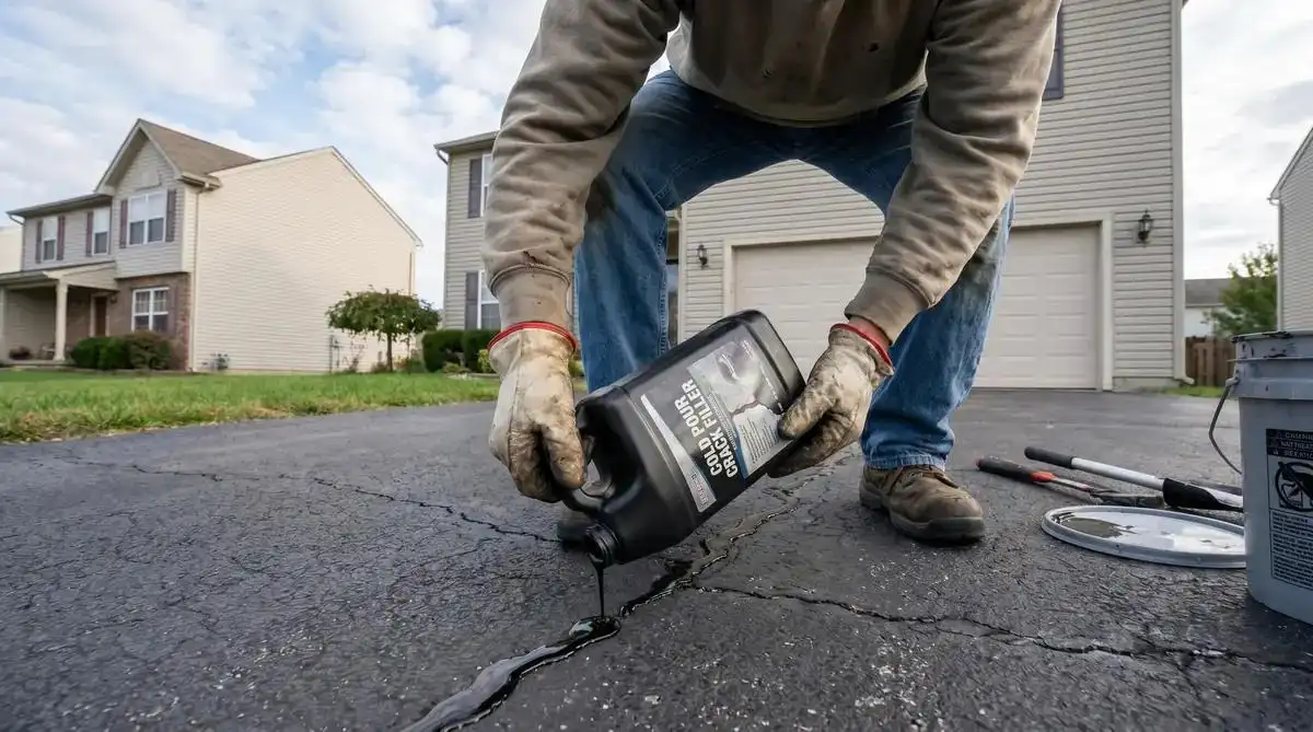 Repaired asphalt driveway showing crack and pothole fixes with cold patch and filler