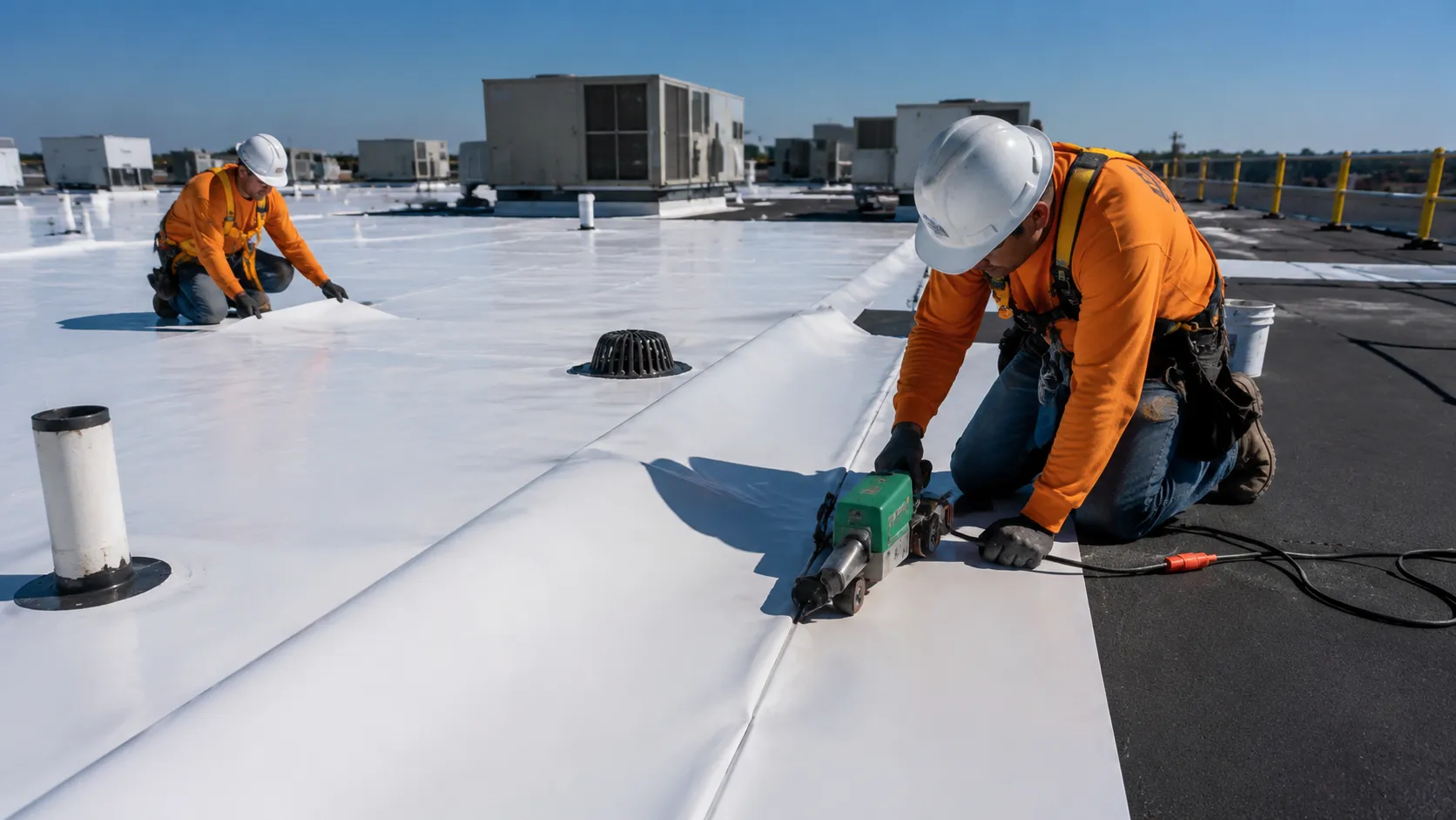 TPO roofing installation showing heat-welded membrane process
