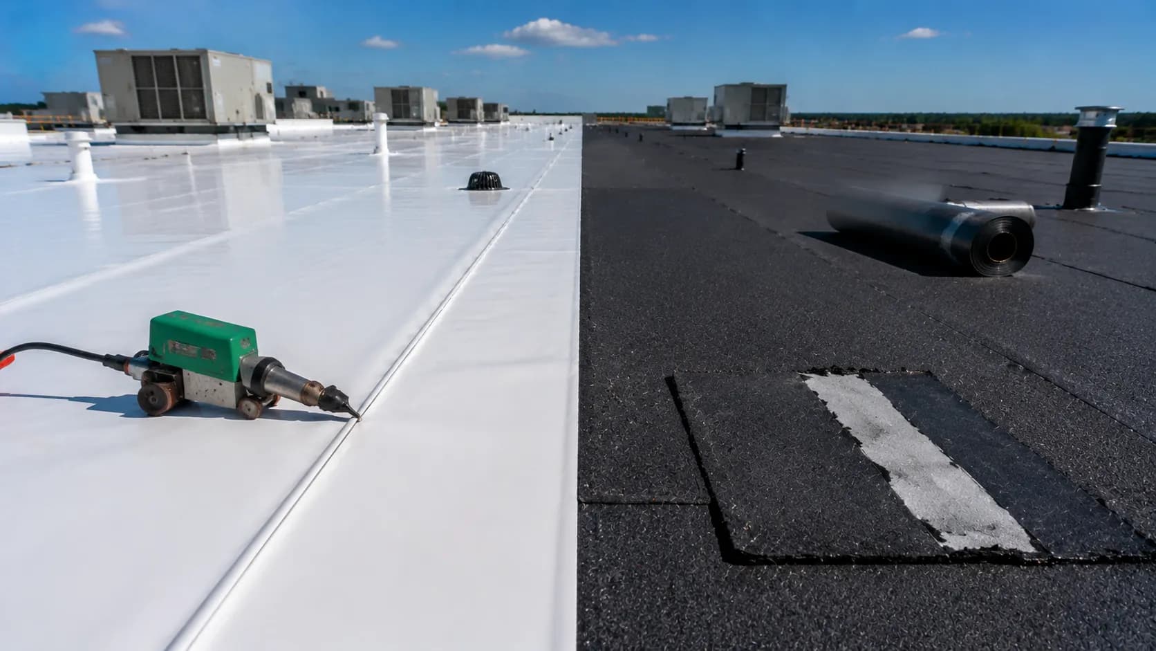 Side-by-side comparison of TPO and Modified Bitumen roofing materials