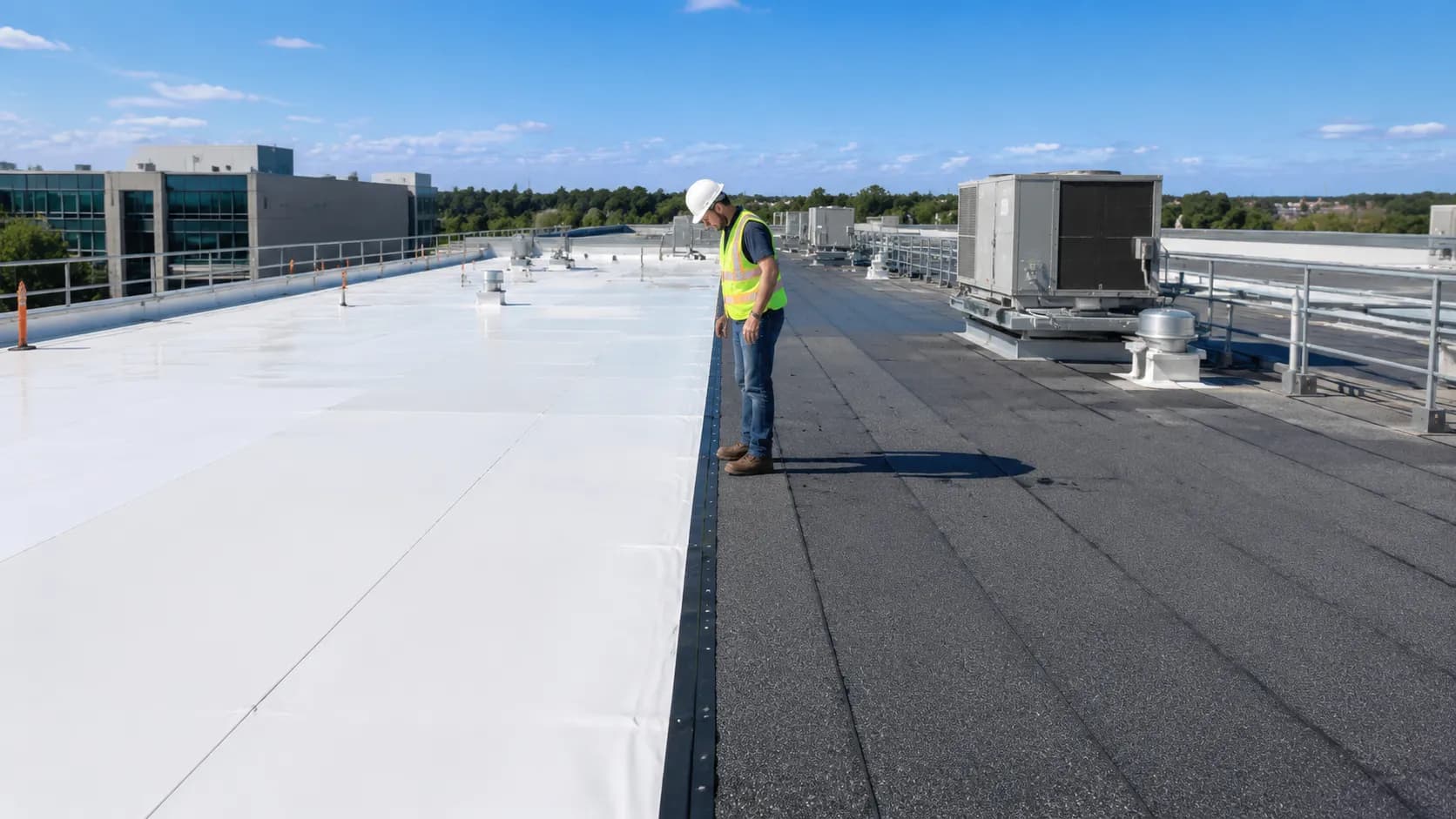 TPO vs modified bitumen flat roof comparison on commercial building