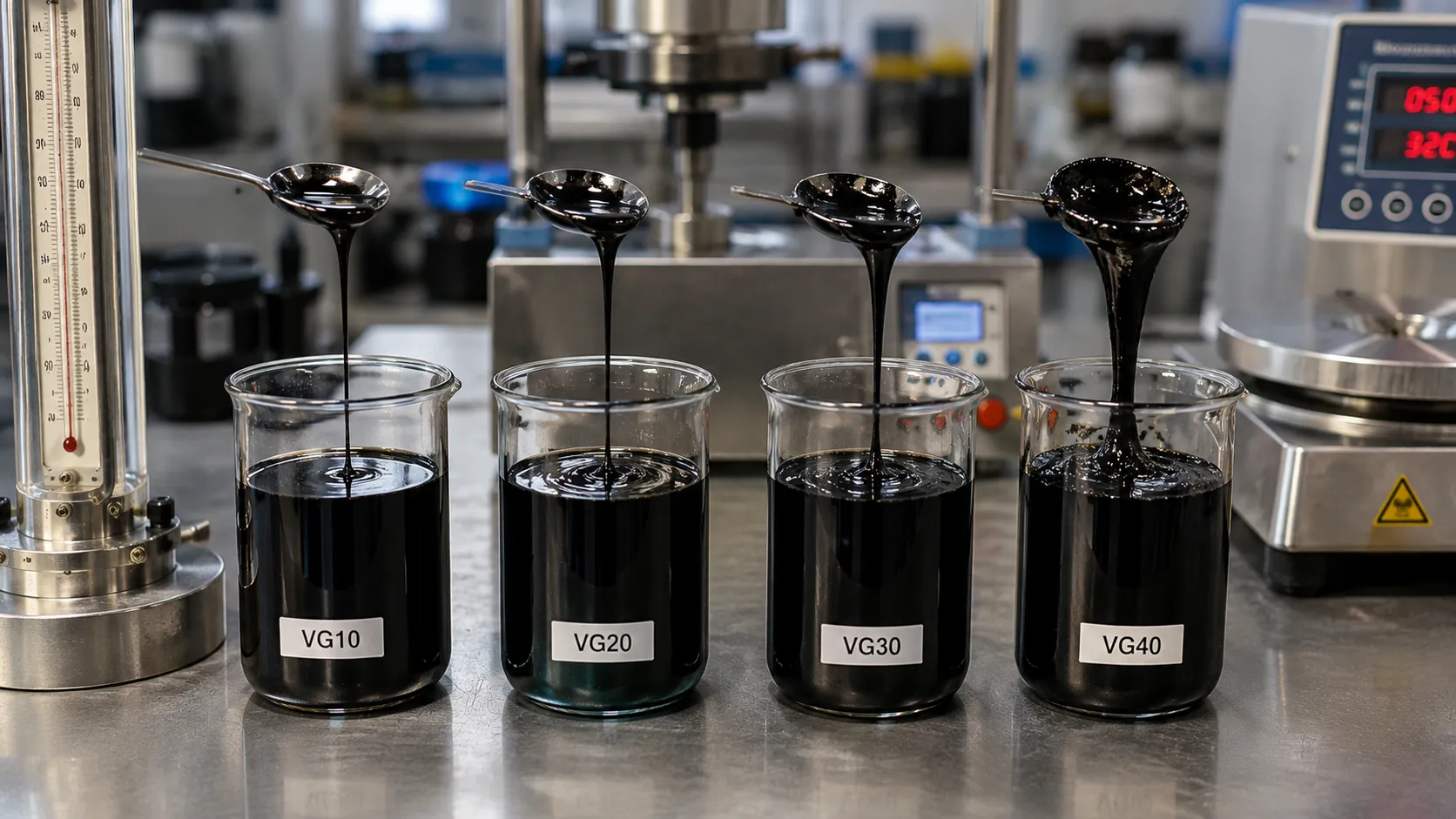 VG10, VG20, VG30, VG40 viscosity grade bitumen comparison — hardness, viscosity, and application overview