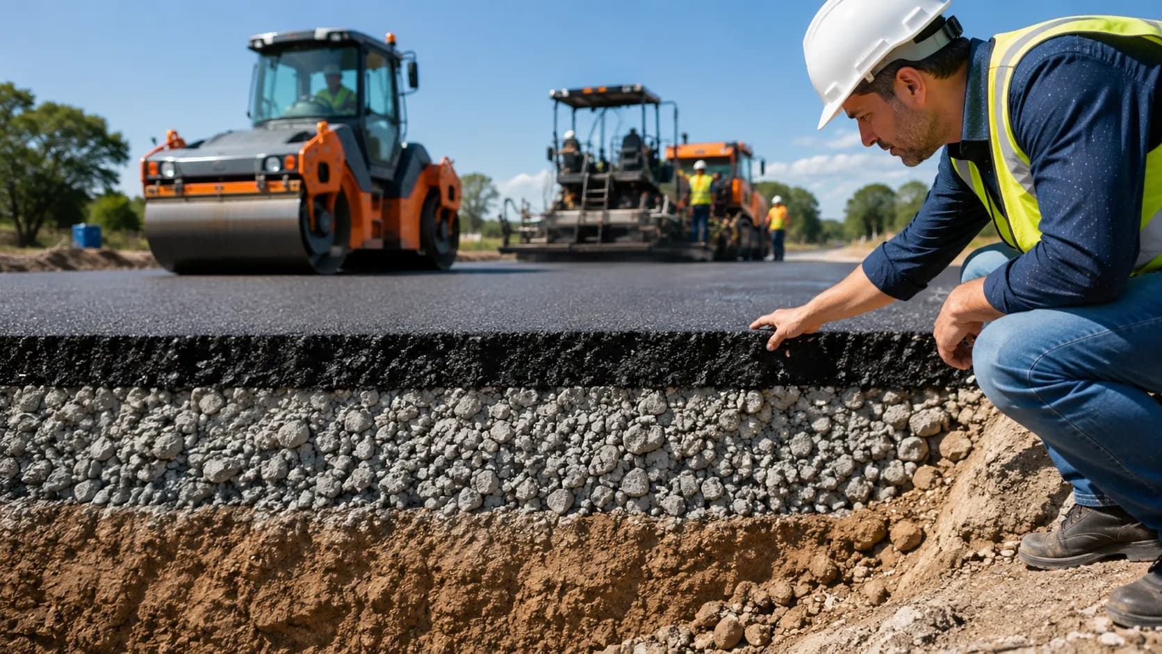 Diagram showing asphalt pavement layers — asphalt surface, aggregate base, and subgrade soil