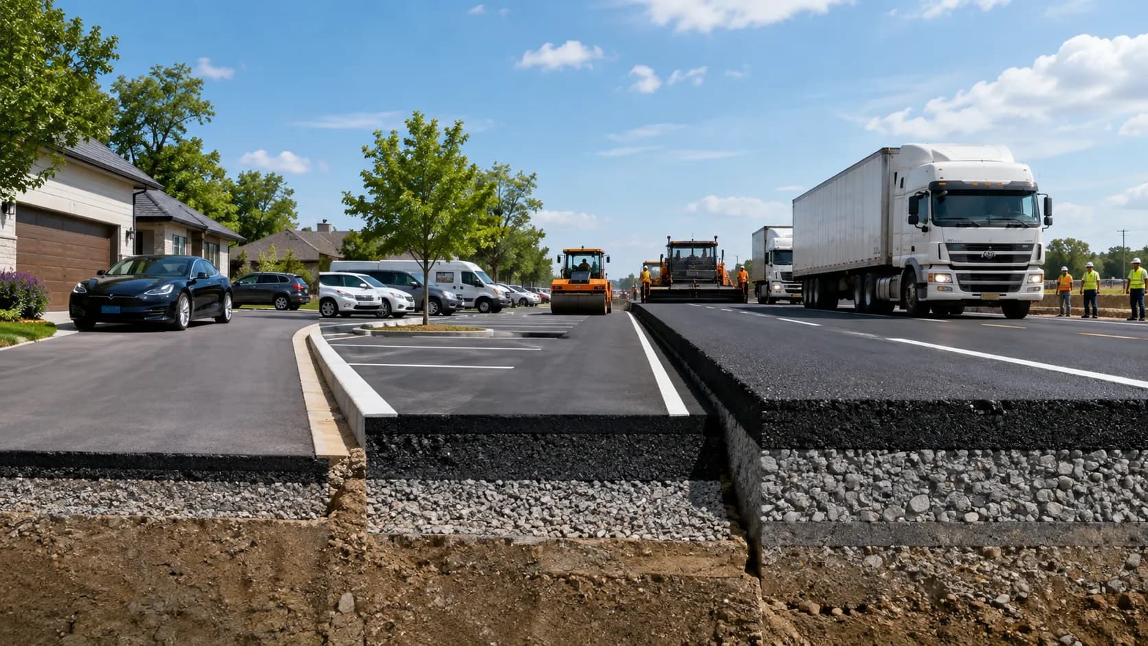 Side-by-side comparison of asphalt thickness for light-duty driveways, medium-duty parking lots, and heavy-duty highways