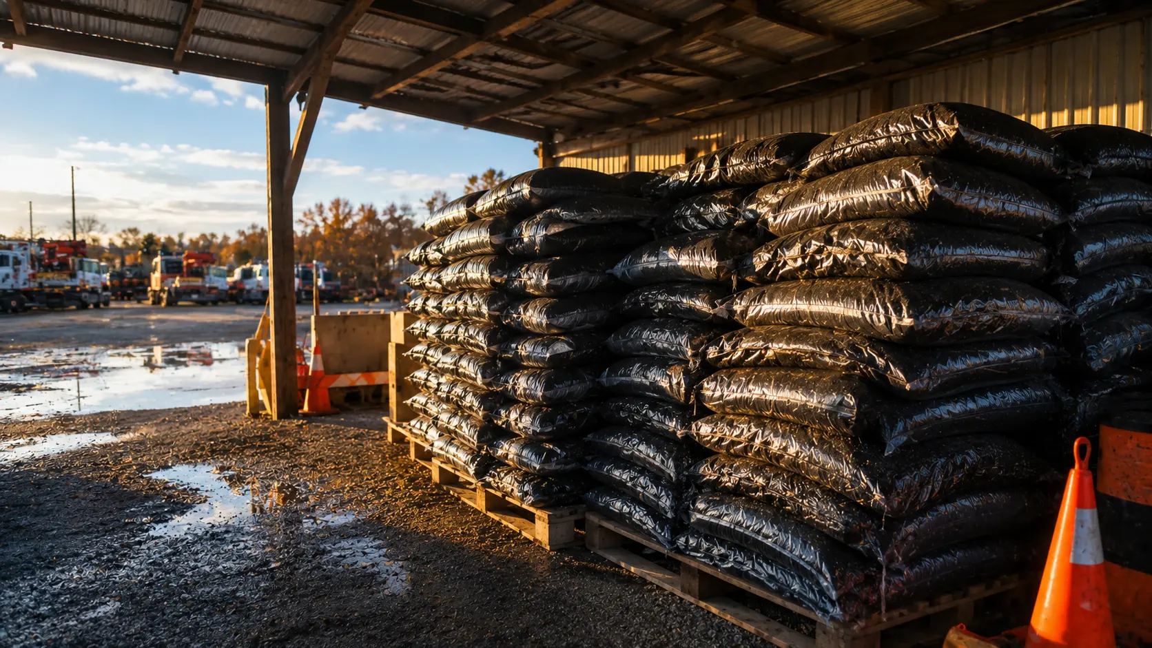 Cold mix bitumen bags in covered storage