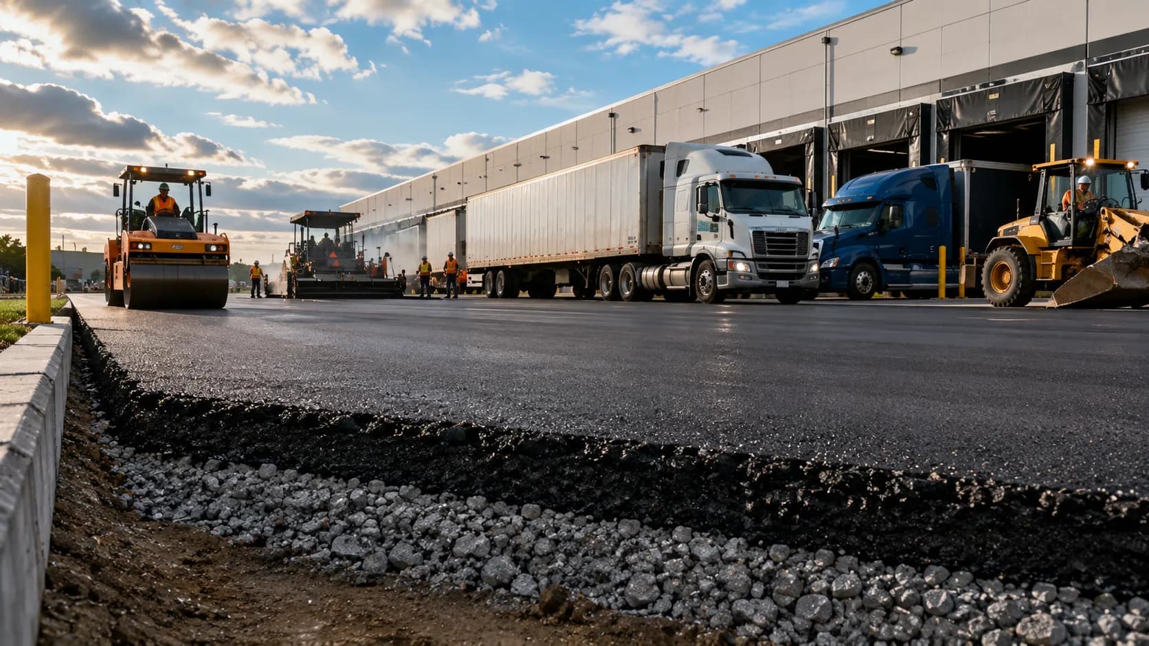 Heavy-duty asphalt pavement for trucks and loading docks showing thick asphalt over reinforced aggregate base