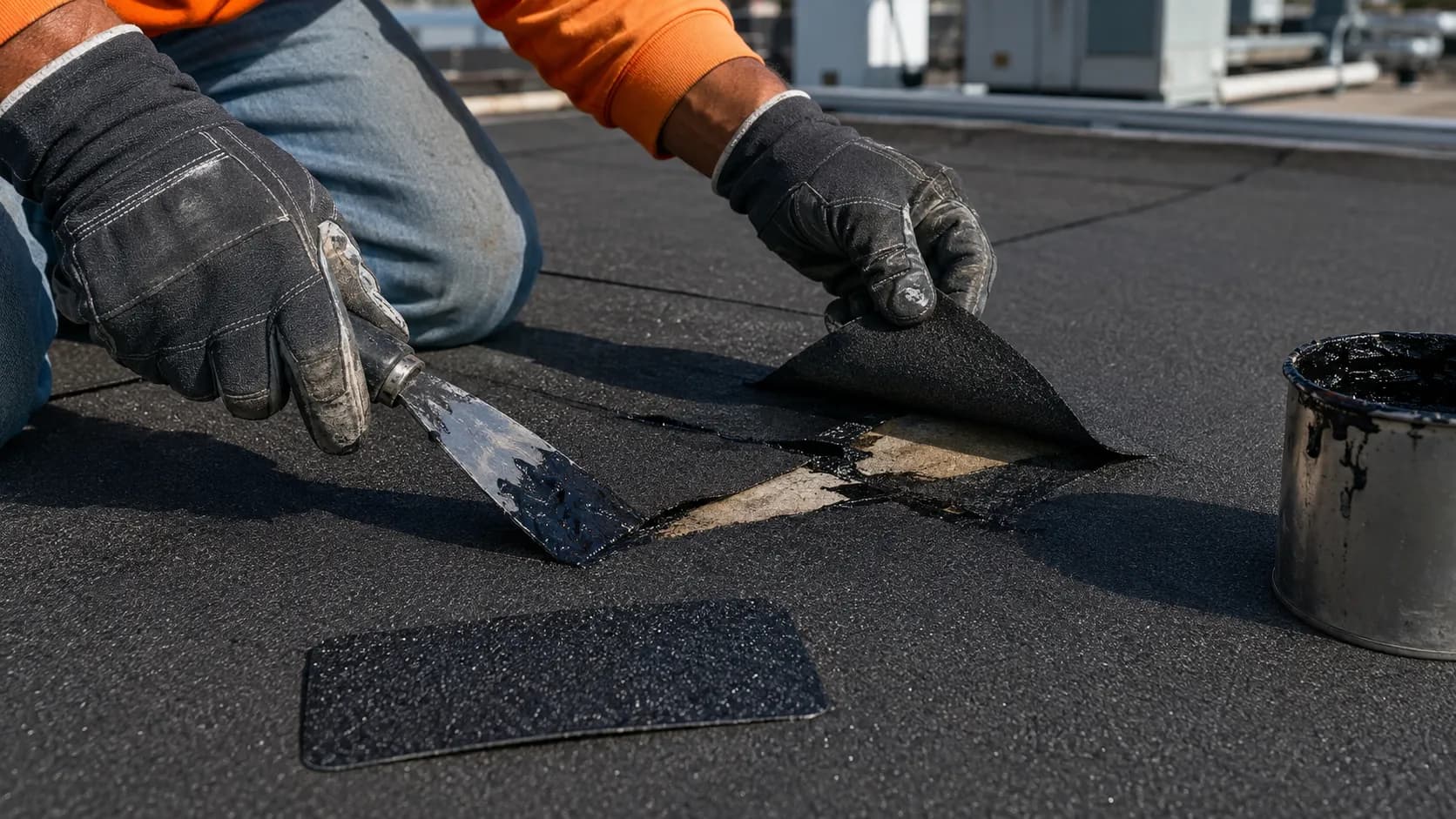 Modified bitumen roof blister repair — cutting an X shape over a blister, drying the area, and resealing with roofing cement and a membrane patch