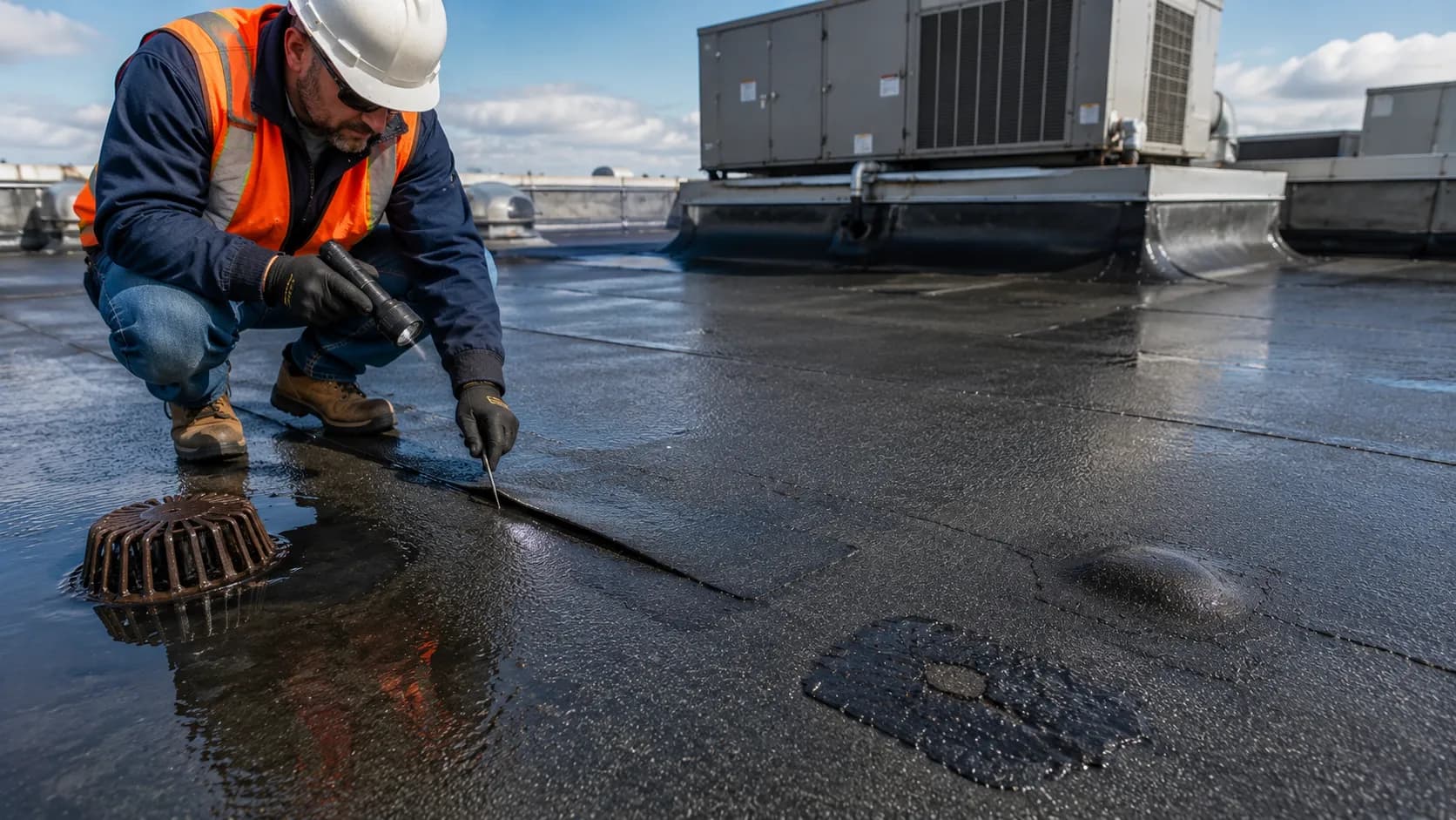 Common modified bitumen roof problems — blisters, seam failure, ponding water, and alligatoring on a flat roof