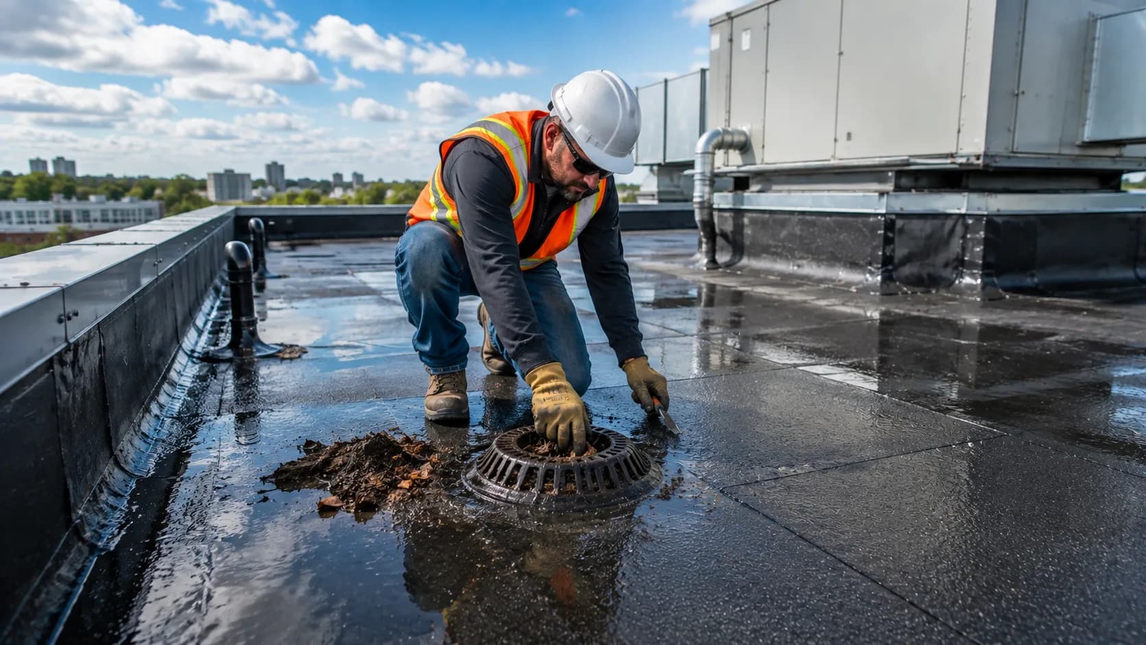 Modified bitumen roof maintenance and drainage — clearing roof drains and inspecting membrane surface to prevent ponding and premature failure