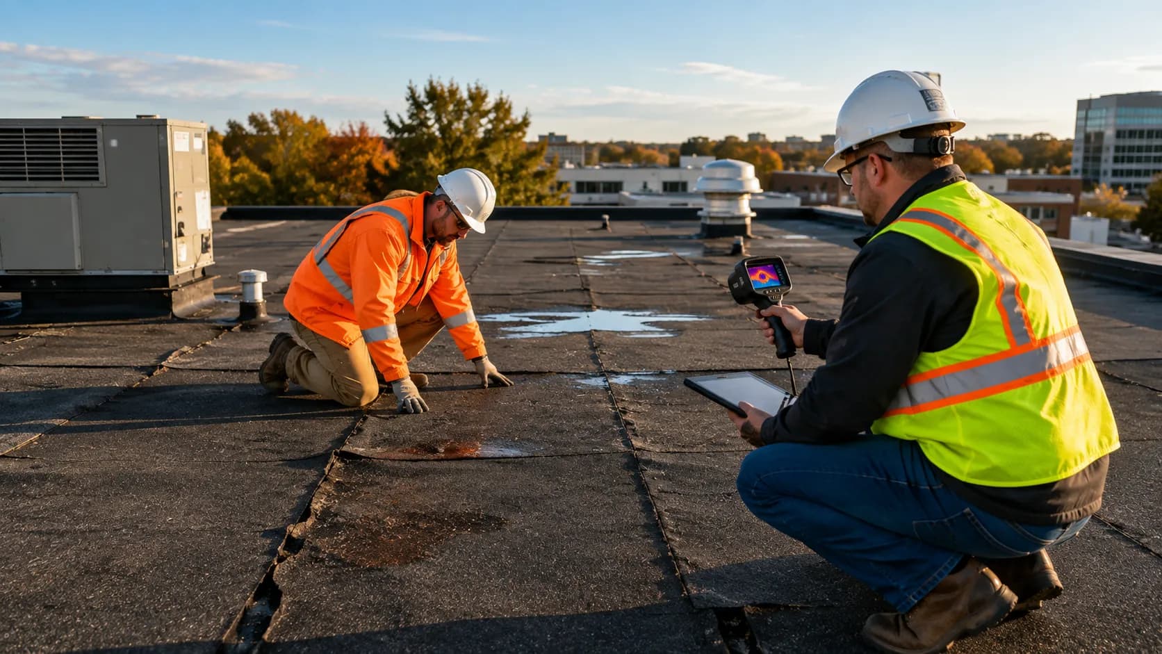 Modified bitumen roof professional inspection — a roofing contractor examining a flat roof membrane for seam failure and hidden moisture damage