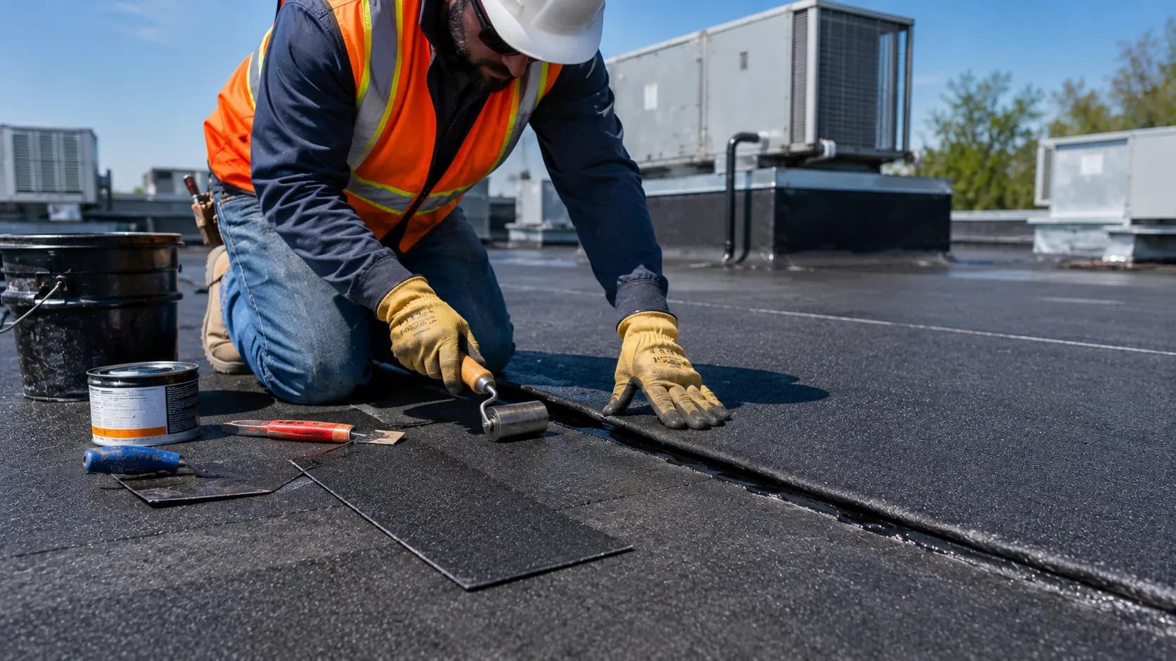 Modified bitumen roof seam repair — applying lap cement and pressing down a separated seam on a flat bitumen membrane roof