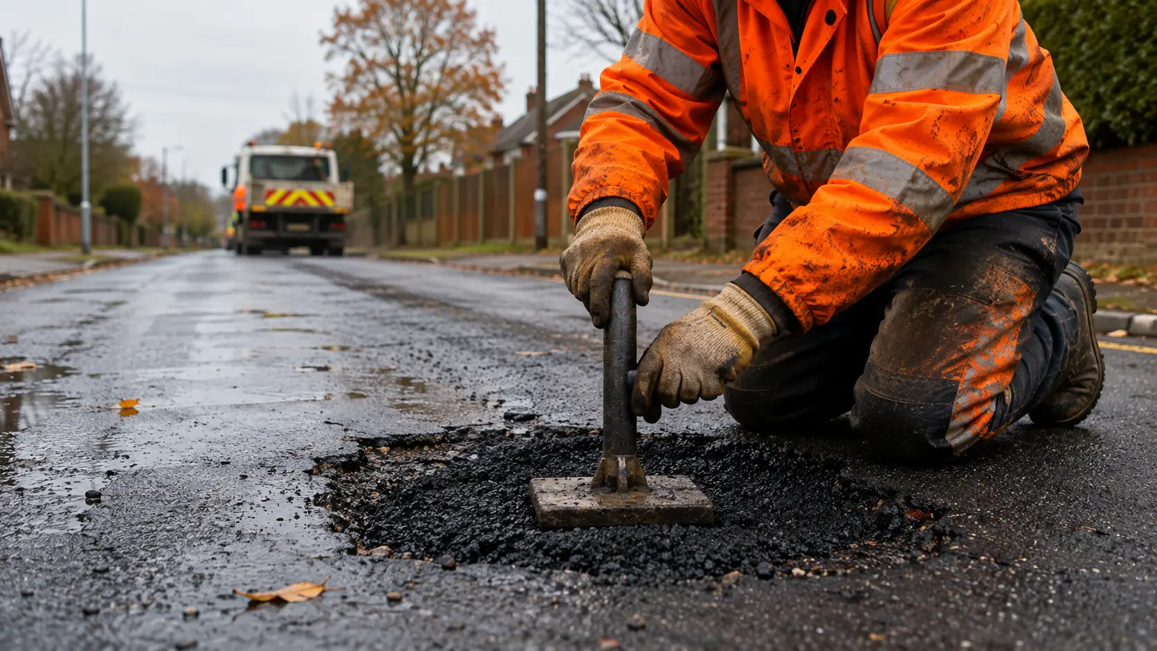 Pothole repair worker applying cold patch