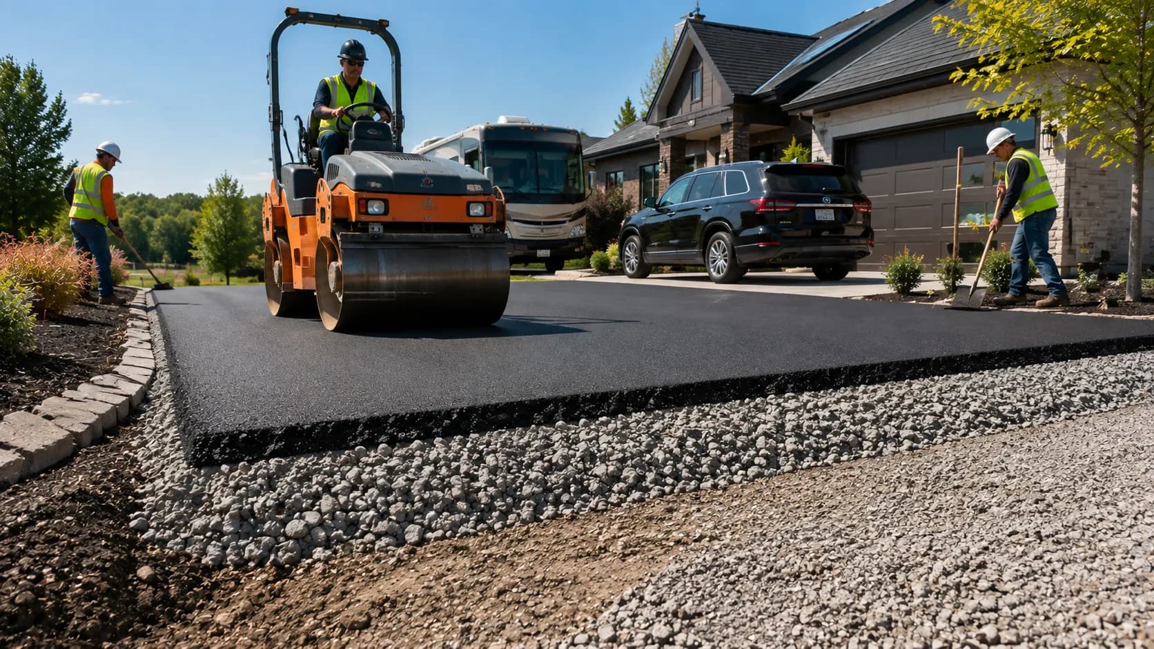Residential driveway asphalt installation showing 2 to 3 inch compacted asphalt over aggregate base
