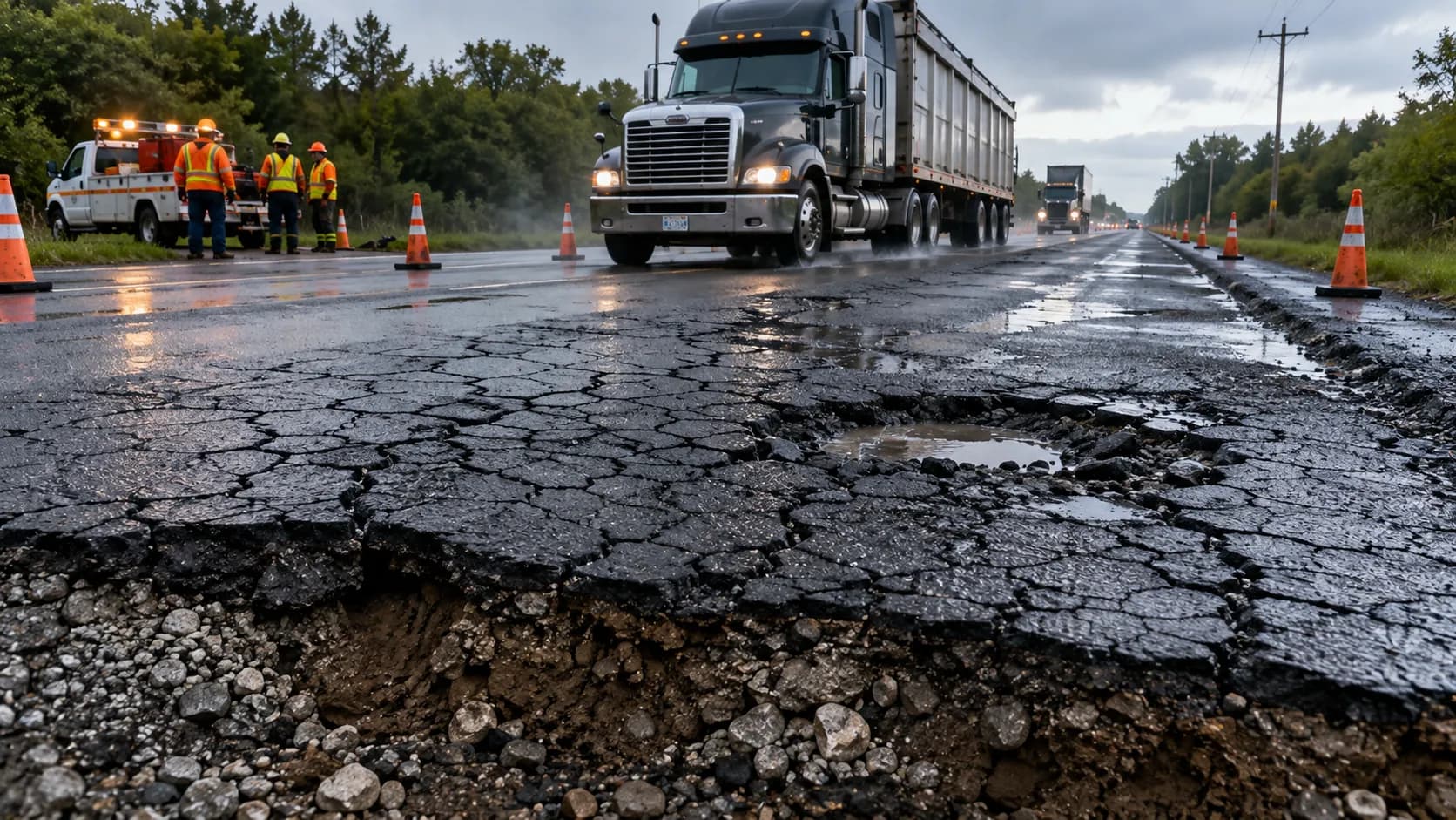 Thin asphalt showing fatigue cracking, alligator cracking pattern, and pothole formation from inadequate pavement thickness
